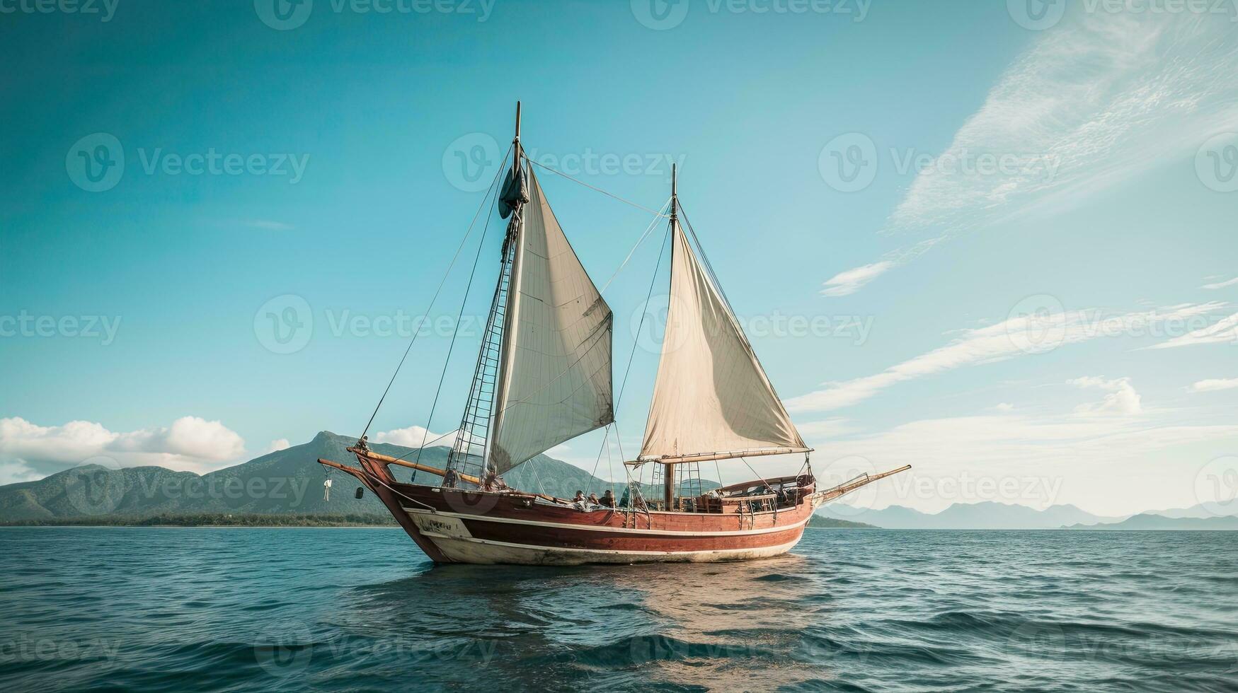 portrait pinisi navire voile sur le mer avec lumière exposition ai génératif photo