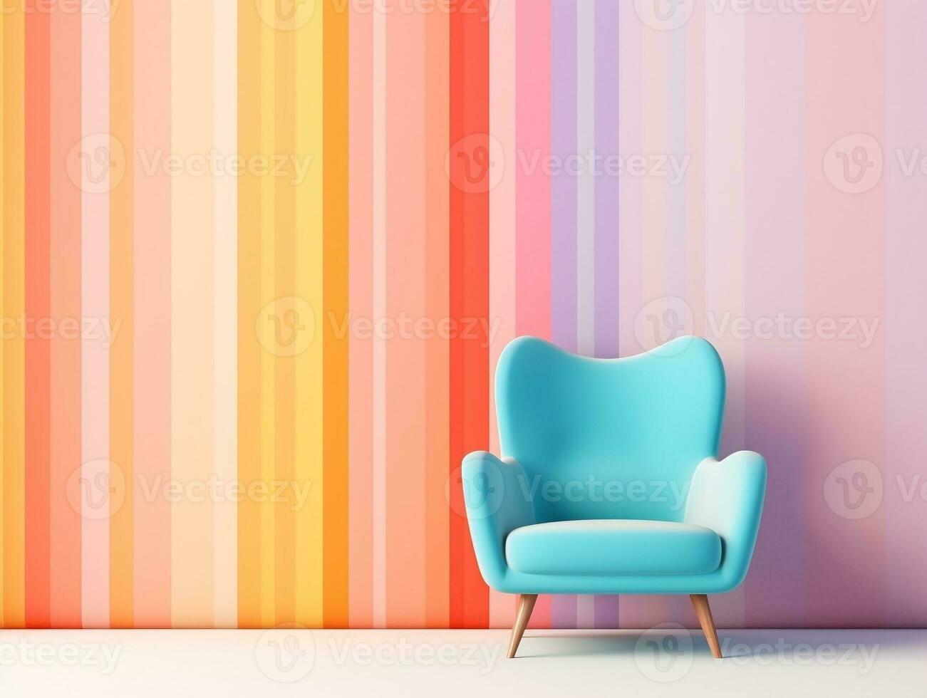 pastel multicolore vibrant sensationnel rétro rayé Contexte mur Cadre avec brillant fauteuil intérieur Accueil conception génératif ai photo