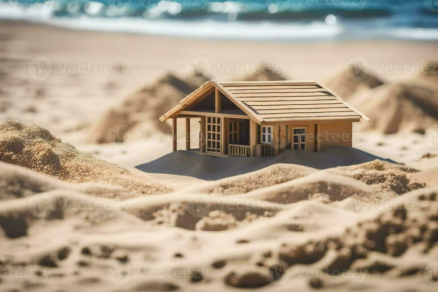 une miniature plage cabane est assis dans le sable. généré par ai