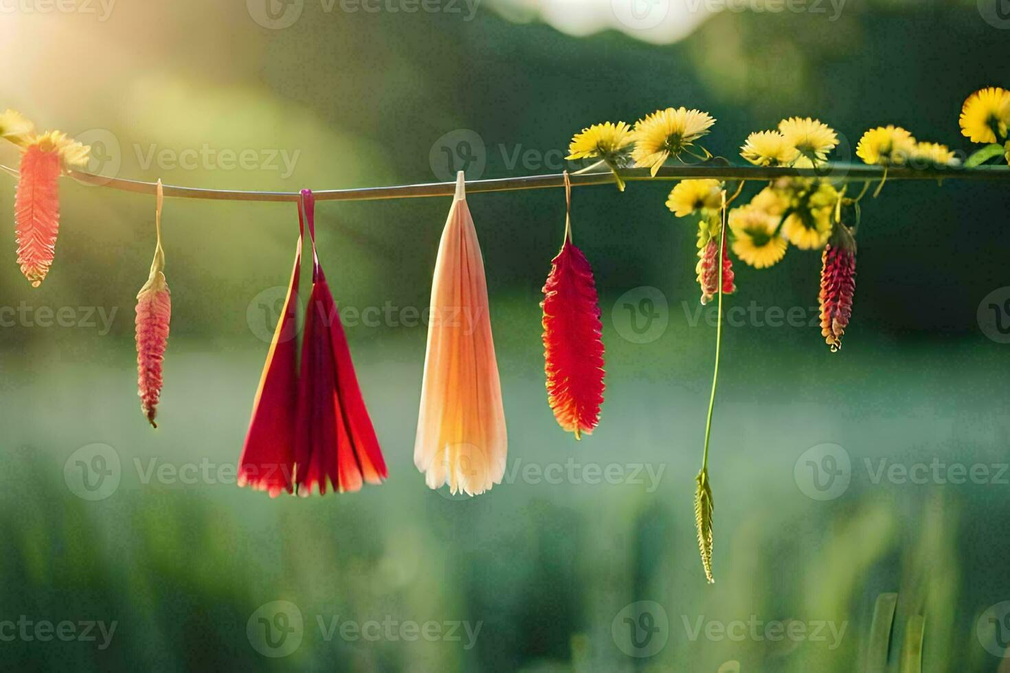 coloré pompons pendaison de une branche dans le Soleil. généré par ai photo