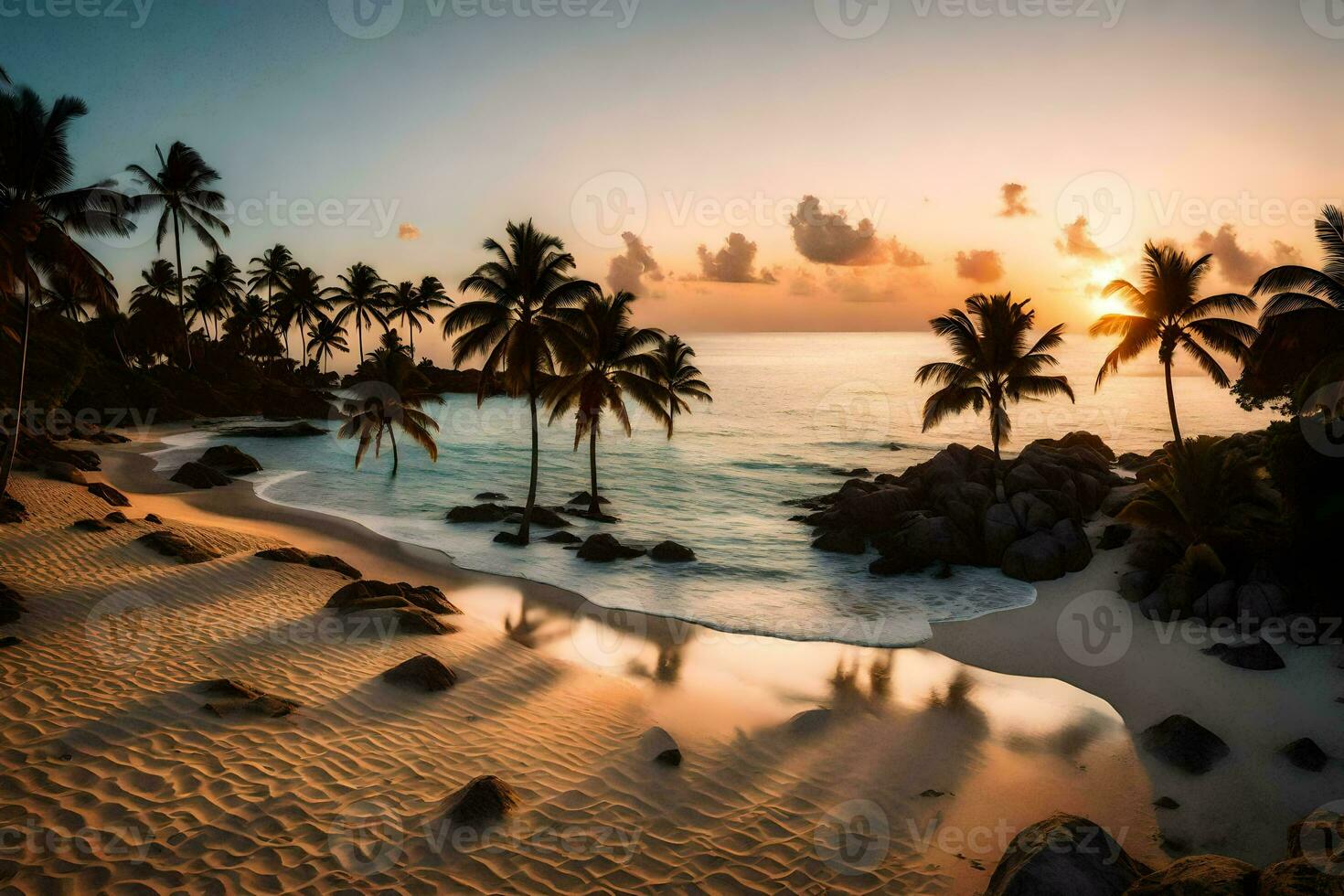 le Soleil ensembles plus de une plage avec paume des arbres. généré par ai photo