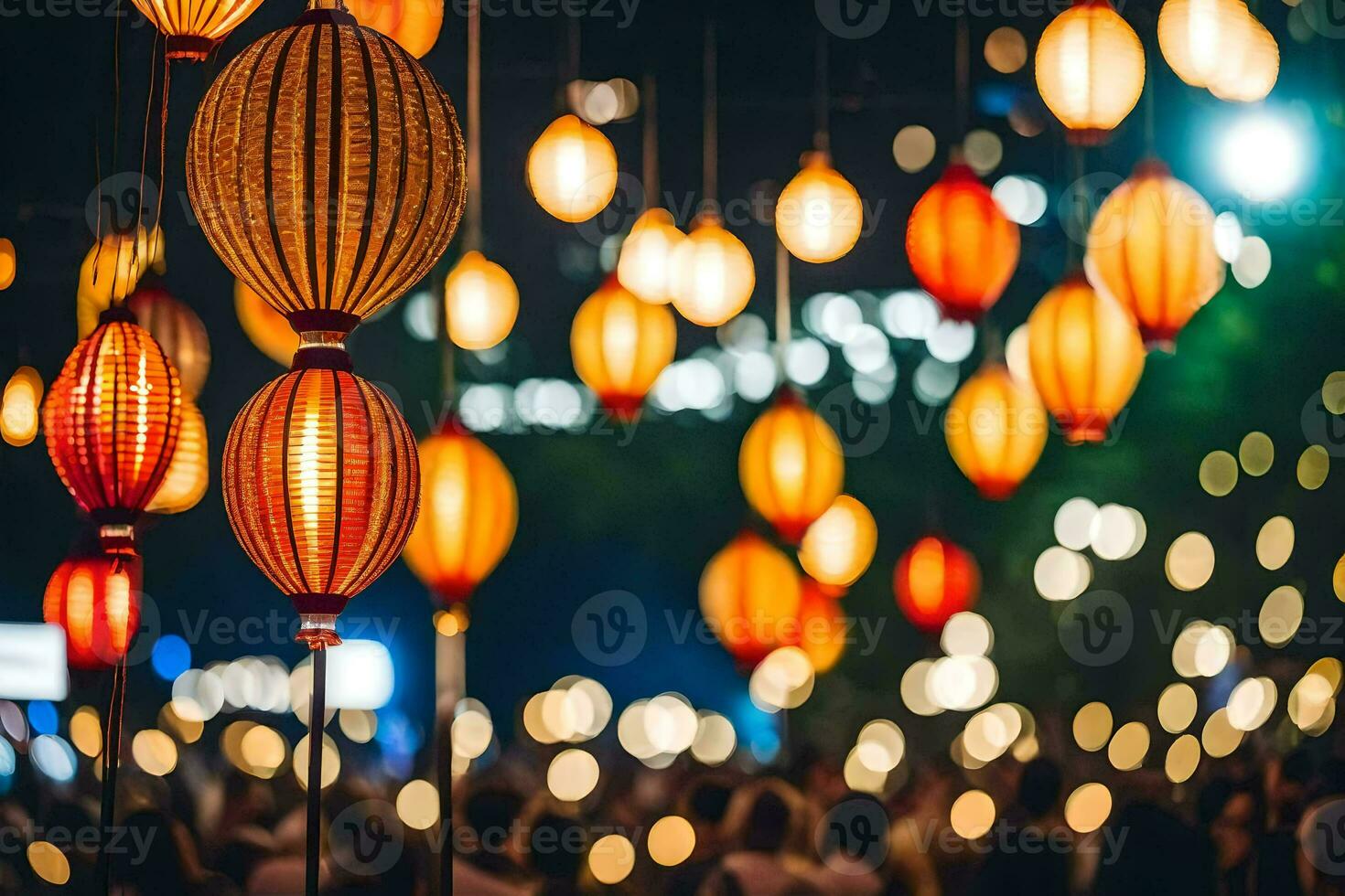 beaucoup coloré papier lanternes sont pendaison dans le air. généré par ai photo