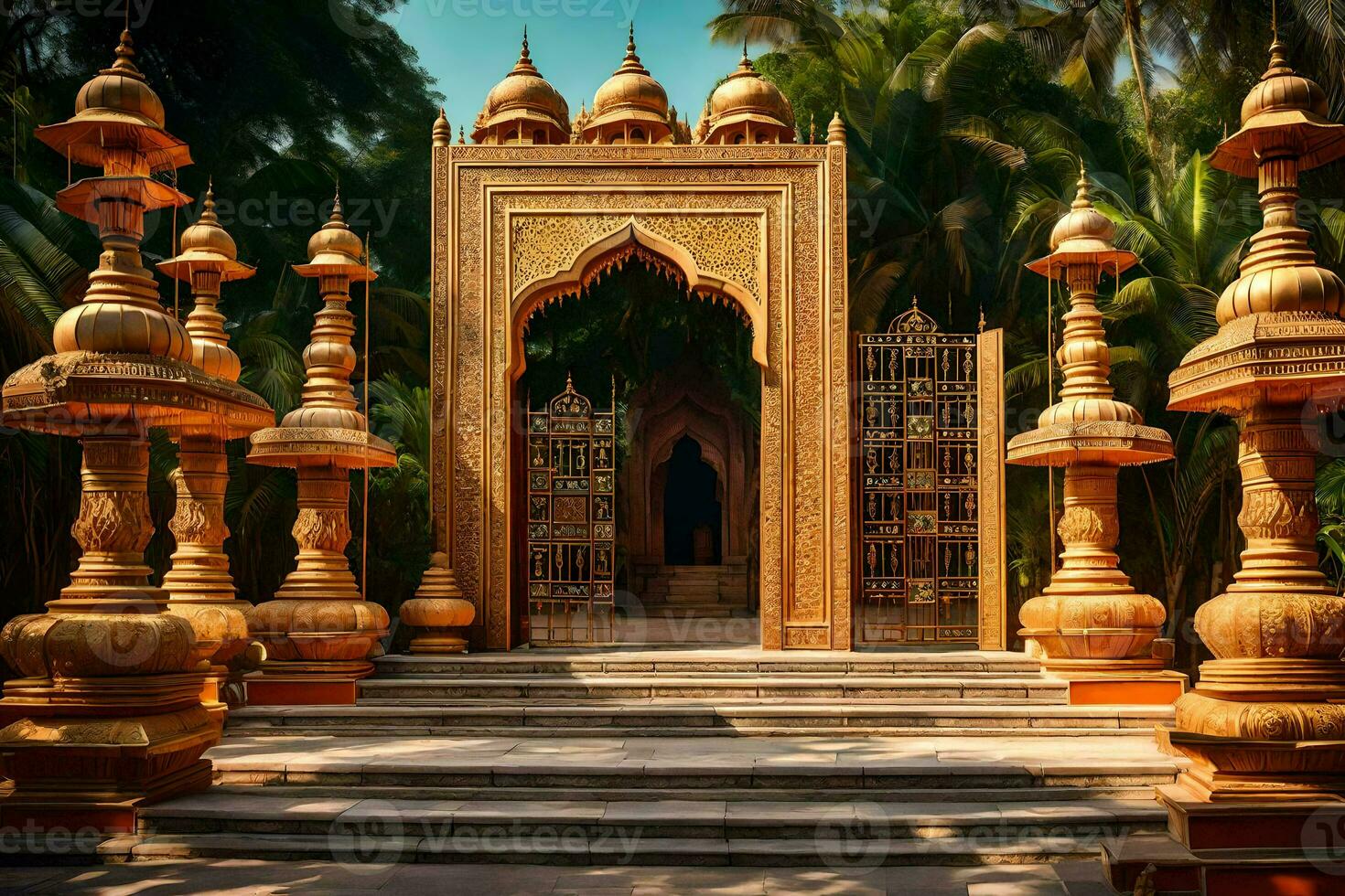 un fleuri entrée à une temple dans le jungle. généré par ai photo