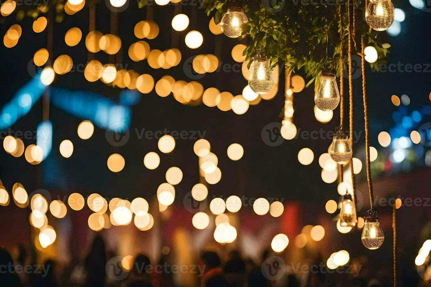 une groupe de gens sont permanent dans de face de une arbre avec lumières pendaison de il. généré par ai photo