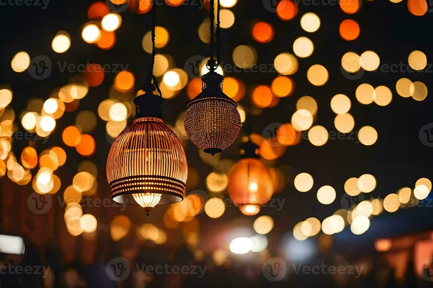 une groupe de pendaison lumières dans une foncé chambre. généré par ai photo