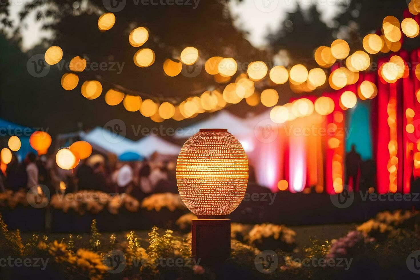 une éclairé lanterne dans le milieu de une jardin. généré par ai photo