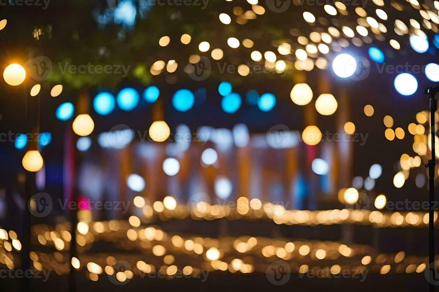 une floue image de lumières et des arbres à nuit. généré par ai photo