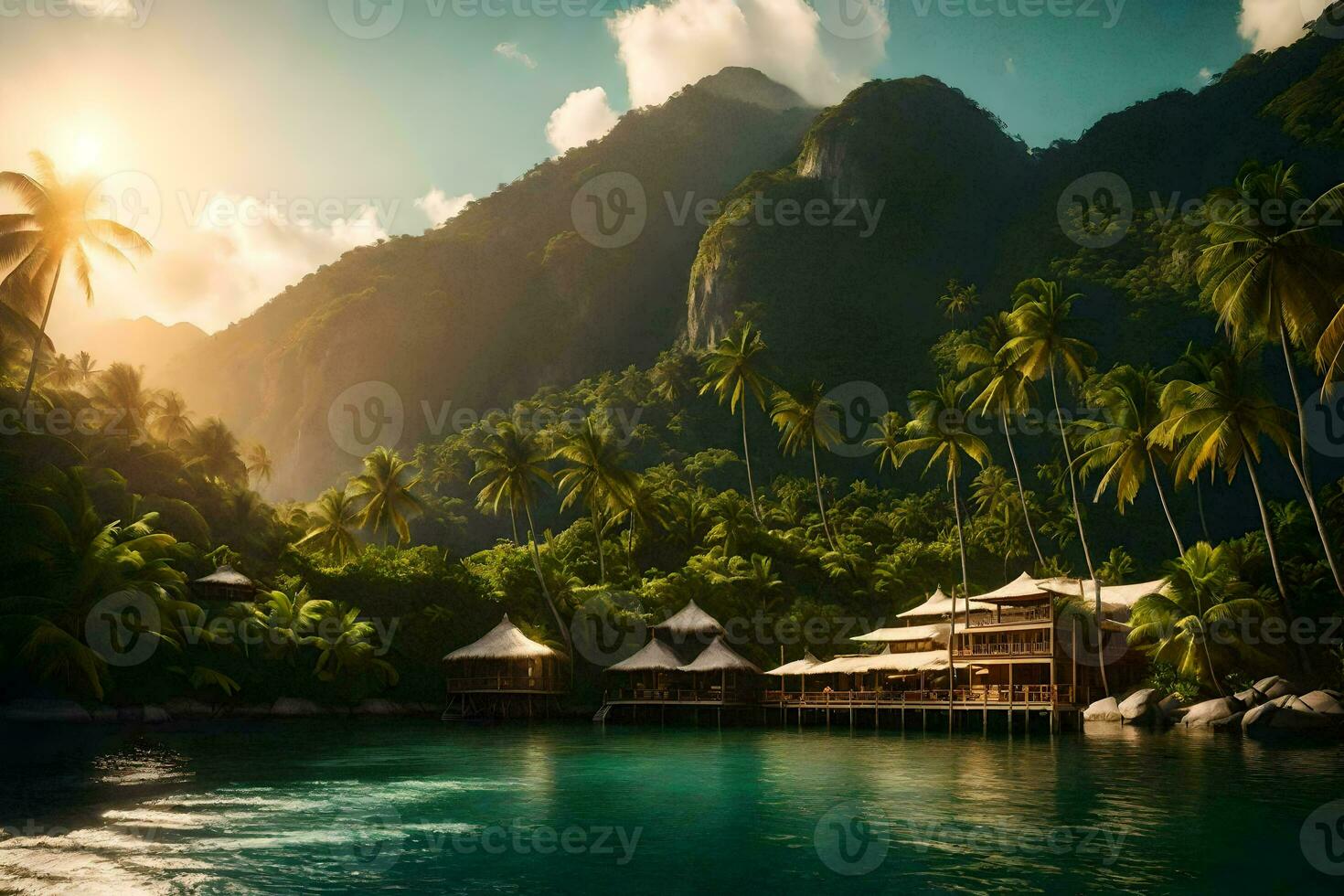 tropical île avec paume des arbres et l'eau. généré par ai photo