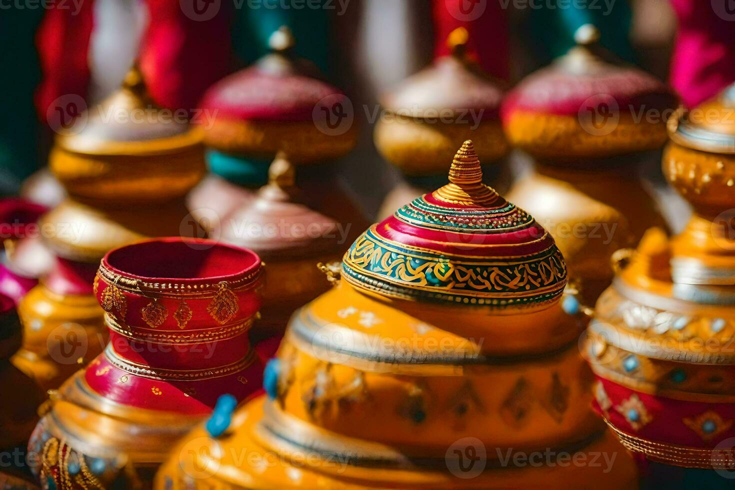 coloré des vases sont affiché dans une magasin. généré par ai photo