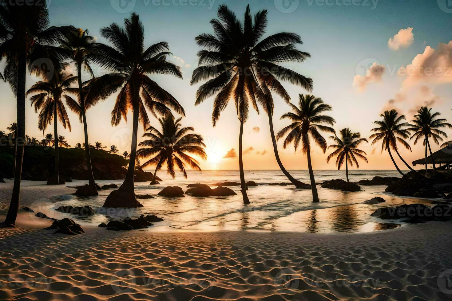 paume des arbres sur le plage à le coucher du soleil. généré par ai photo