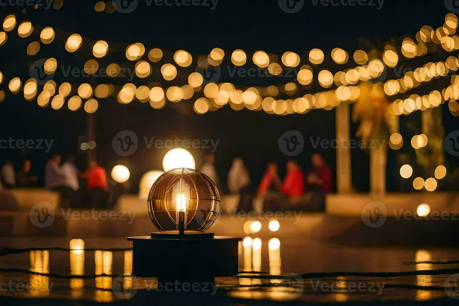 une allumé bougie dans le milieu de une bassin à nuit. généré par ai photo