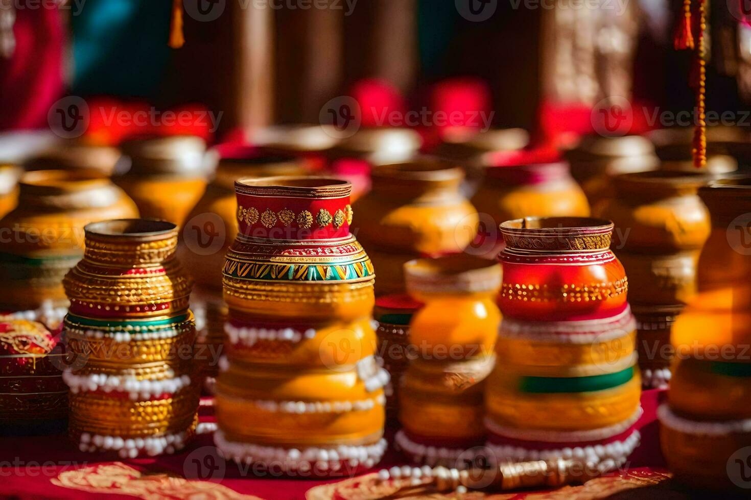 une table avec beaucoup coloré des vases sur il. généré par ai photo