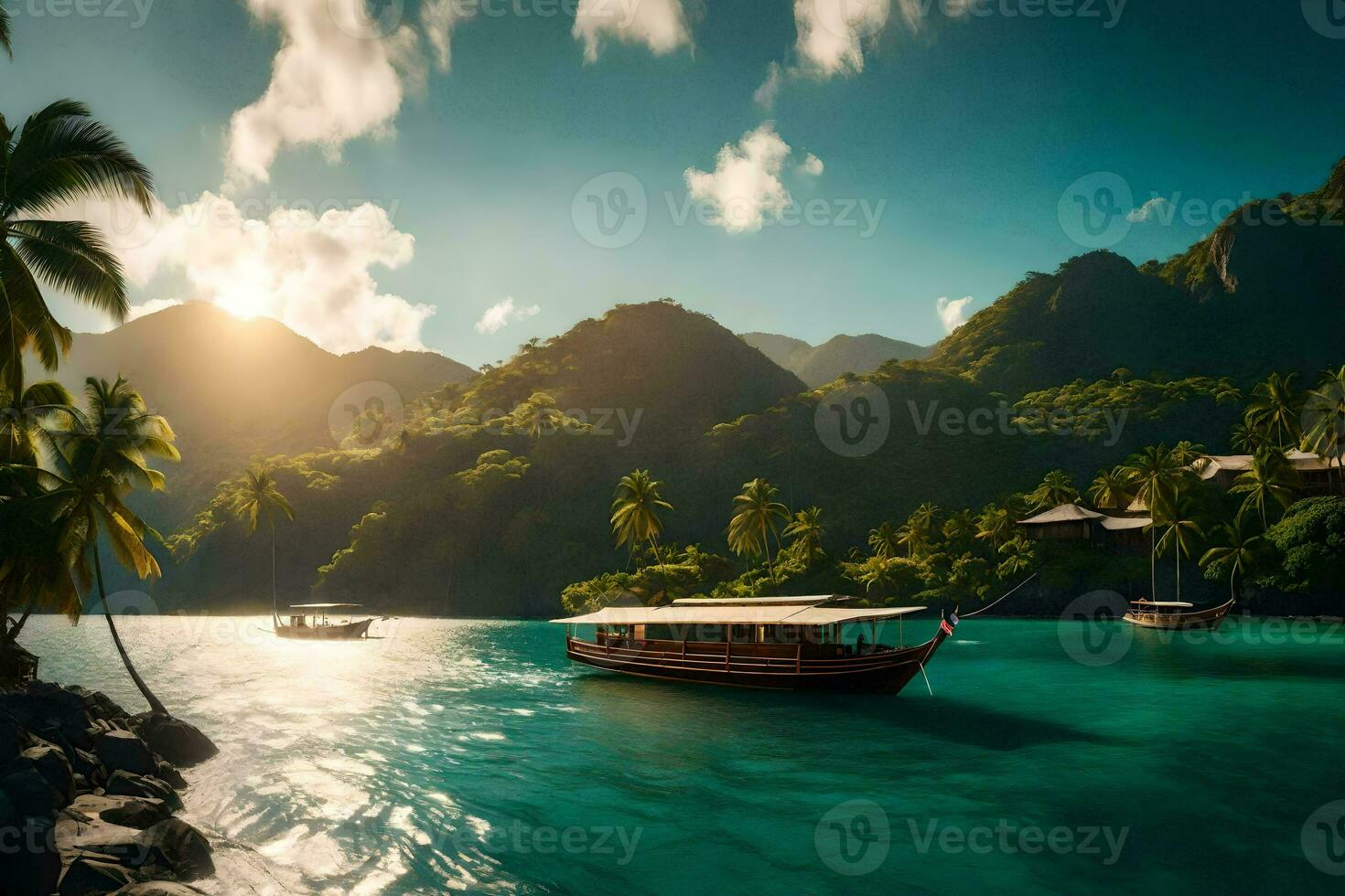 photo fond d'écran le ciel, eau, montagnes, bateaux, paume des arbres, le mer, le Soleil. généré par ai