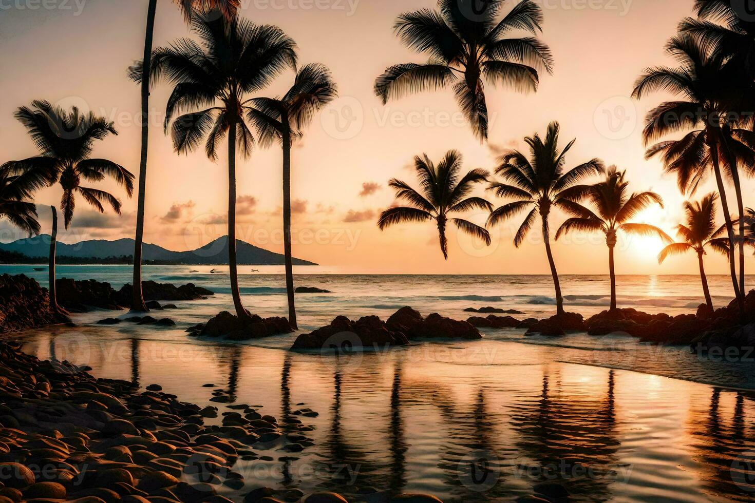 paume des arbres sur le plage à le coucher du soleil. généré par ai photo