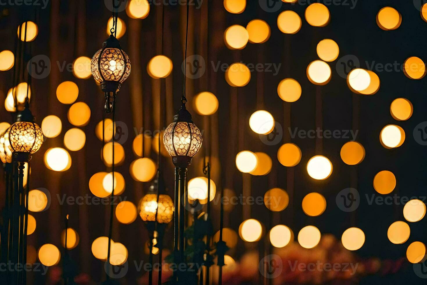 une groupe de lumières pendaison de le plafond. généré par ai photo