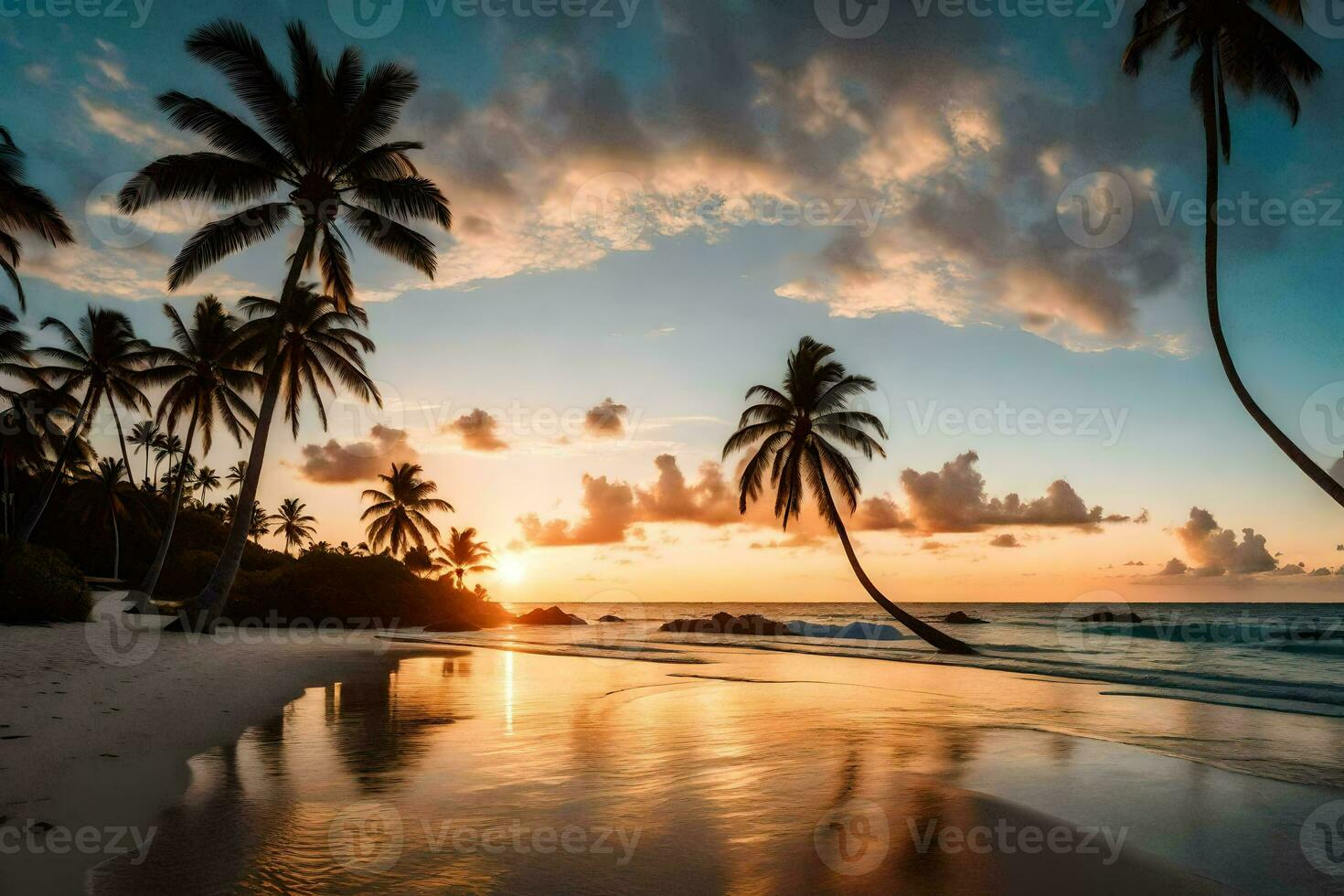 paume des arbres sur une plage à le coucher du soleil. généré par ai photo