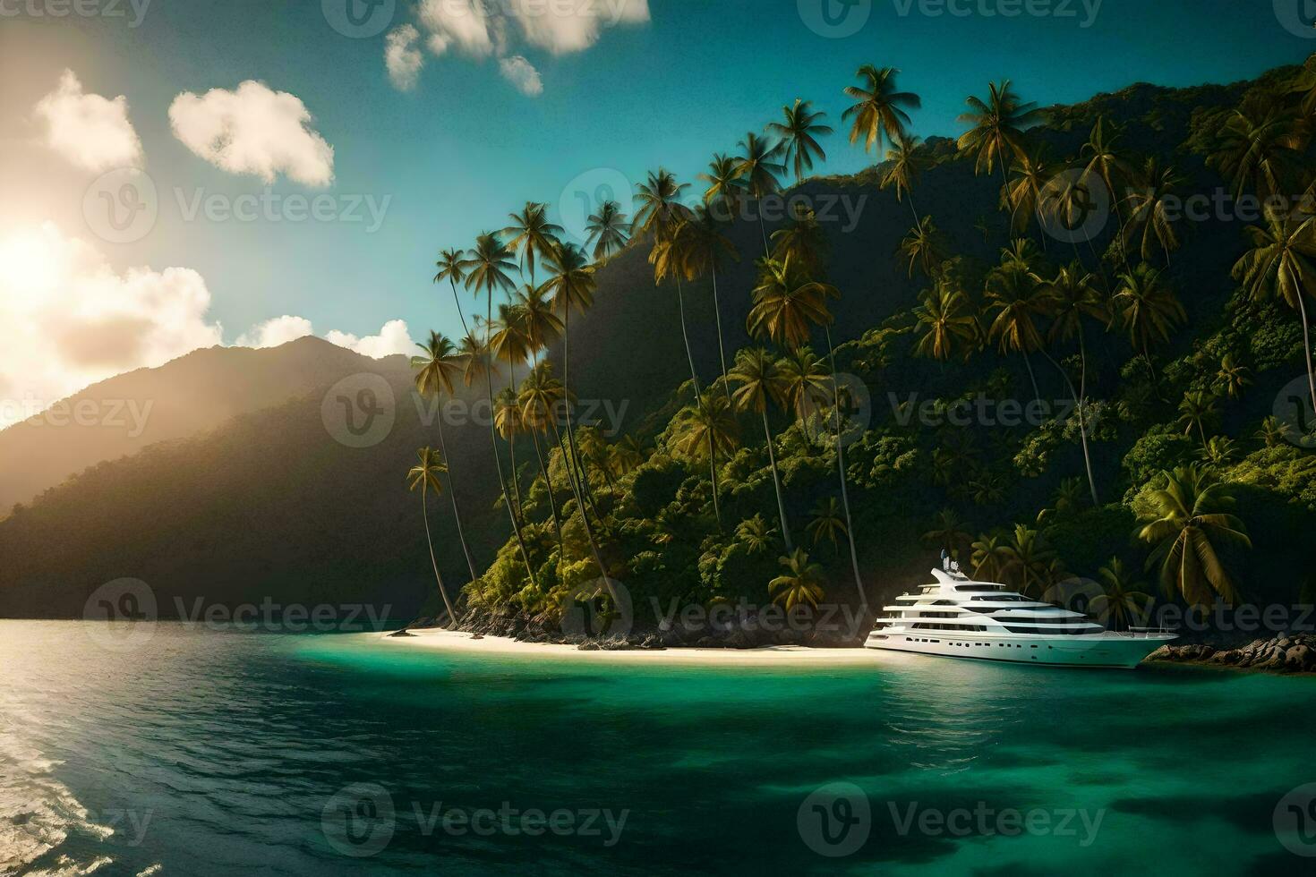 une yacht dans le océan entouré par paume des arbres. généré par ai photo