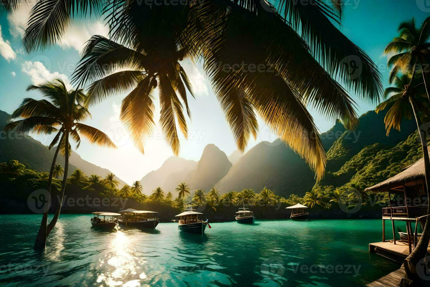 tropical île avec paume des arbres et bateaux dans le l'eau. généré par ai photo