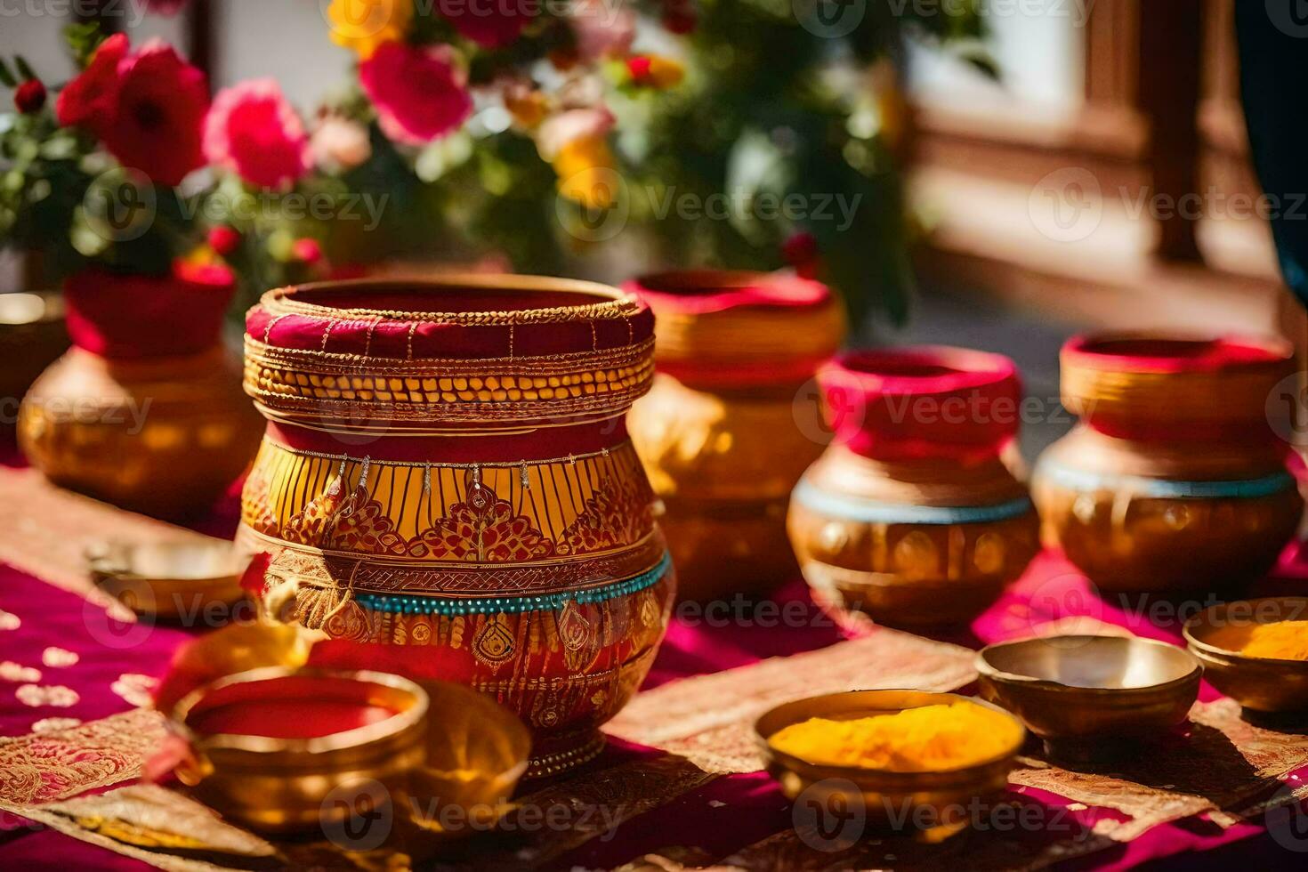 d'or des vases et boules sur une rouge tableau. généré par ai photo