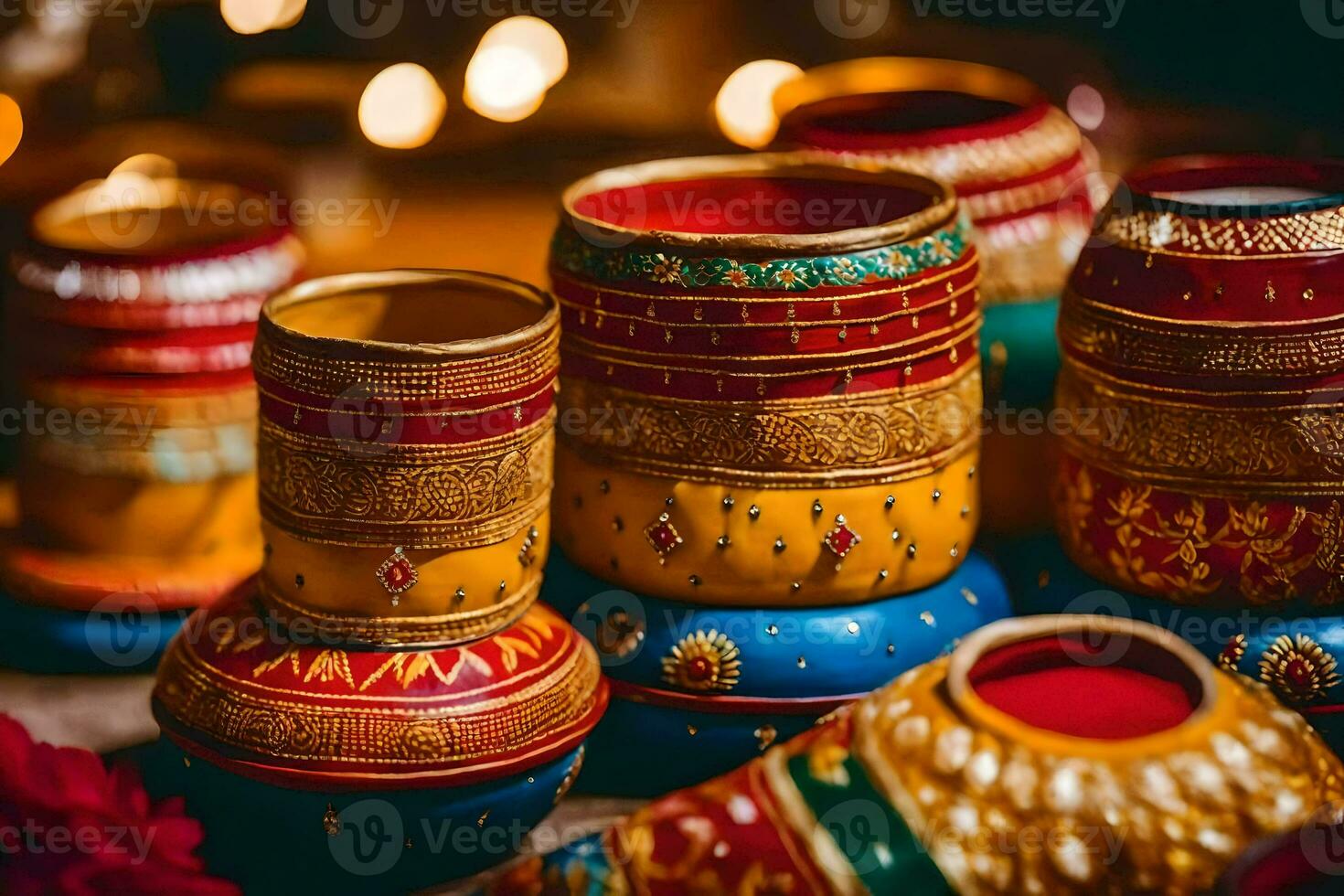 coloré diyas et bougies sur une tableau. généré par ai photo