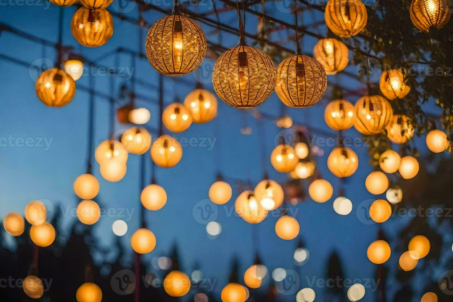 beaucoup pendaison lumières sur une arbre. généré par ai photo