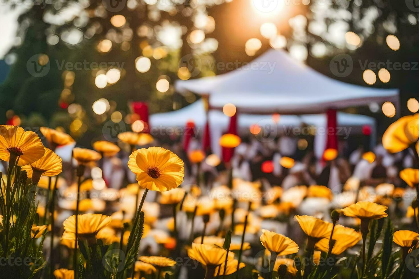 Jaune fleurs dans le Soleil à une mariage. généré par ai photo