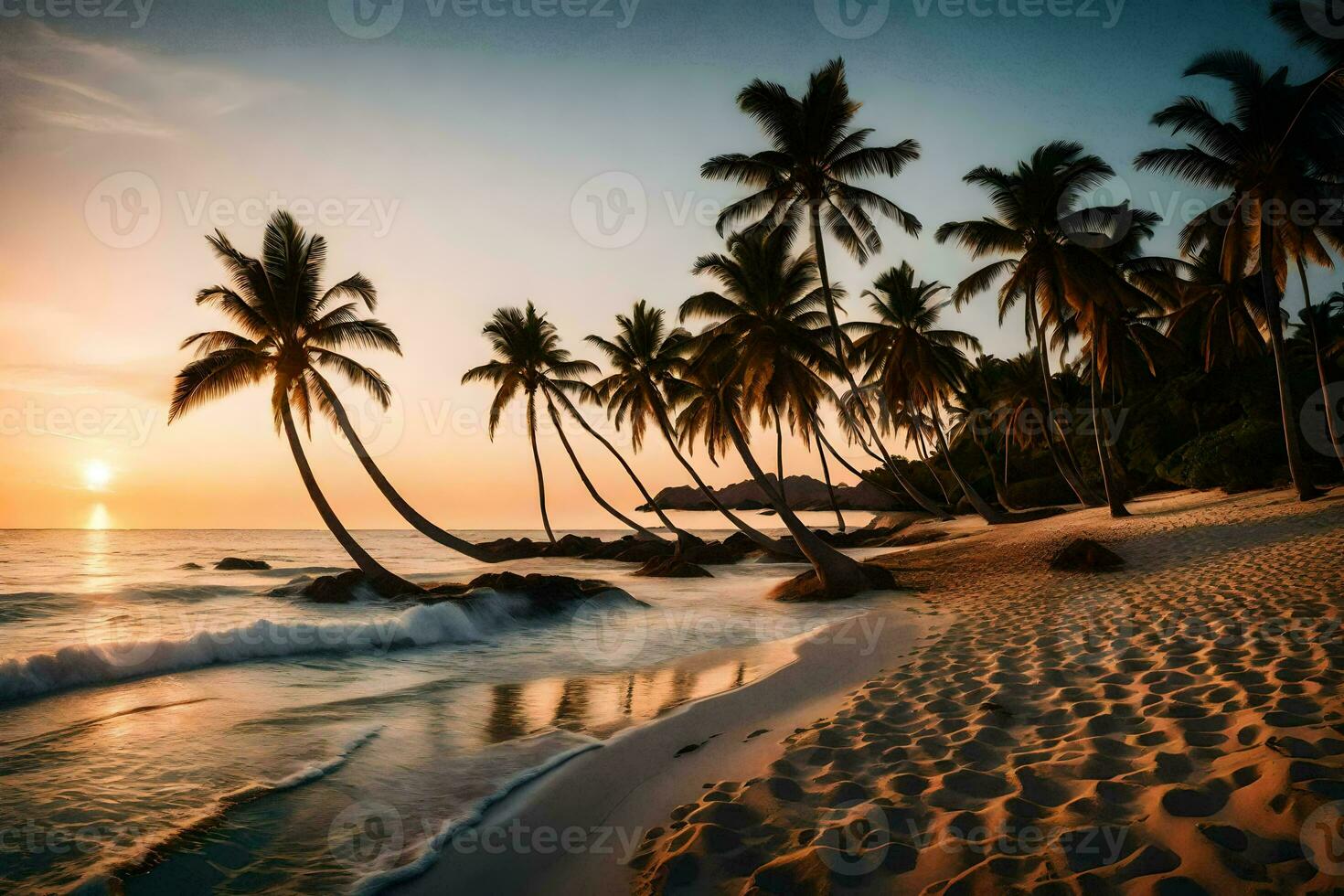 le Soleil ensembles sur le plage dans le tropical île de Caraïbes. généré par ai photo