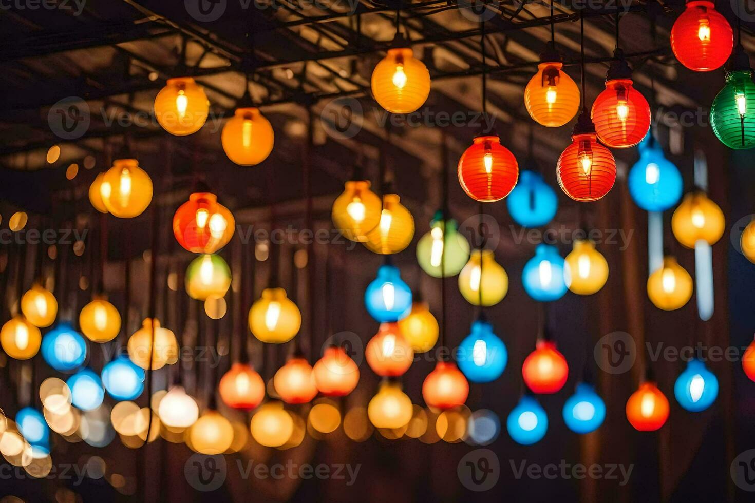 beaucoup coloré lumières pendaison de le plafond. généré par ai photo