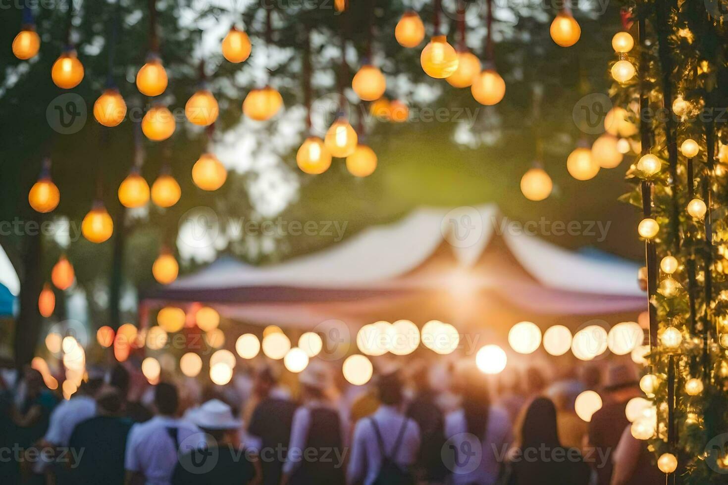 une foule de gens à un Extérieur un événement avec lumières. généré par ai photo