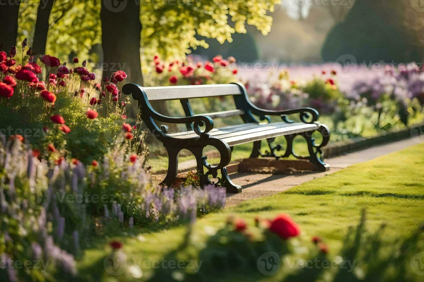 une banc dans une jardin entouré par fleurs. généré par ai photo