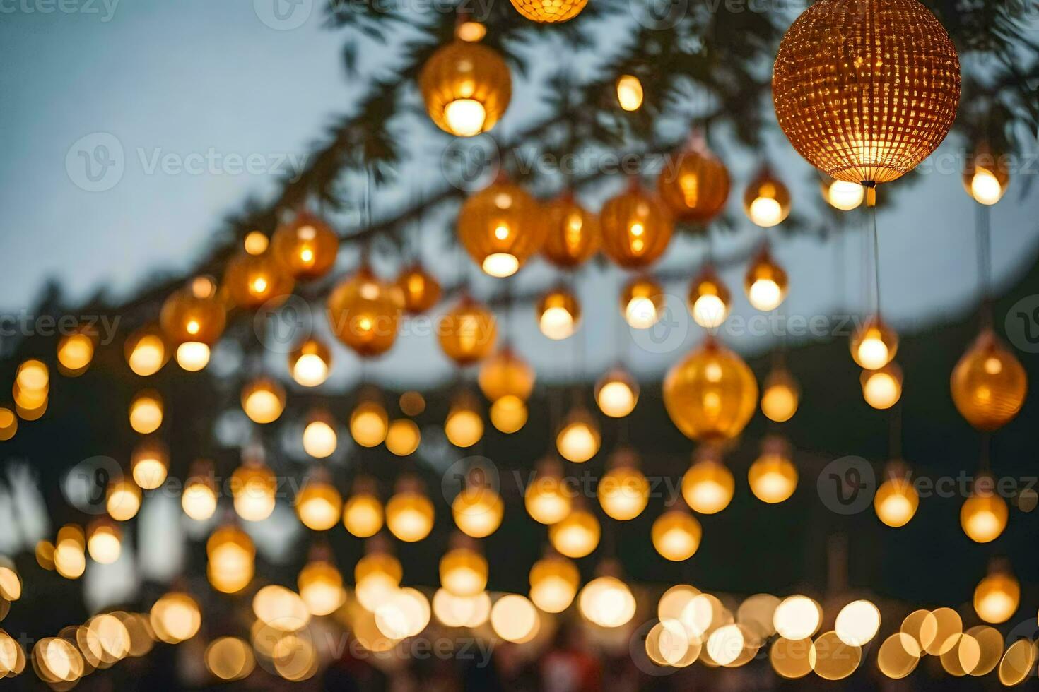 d'or lumières pendaison de une arbre. généré par ai photo