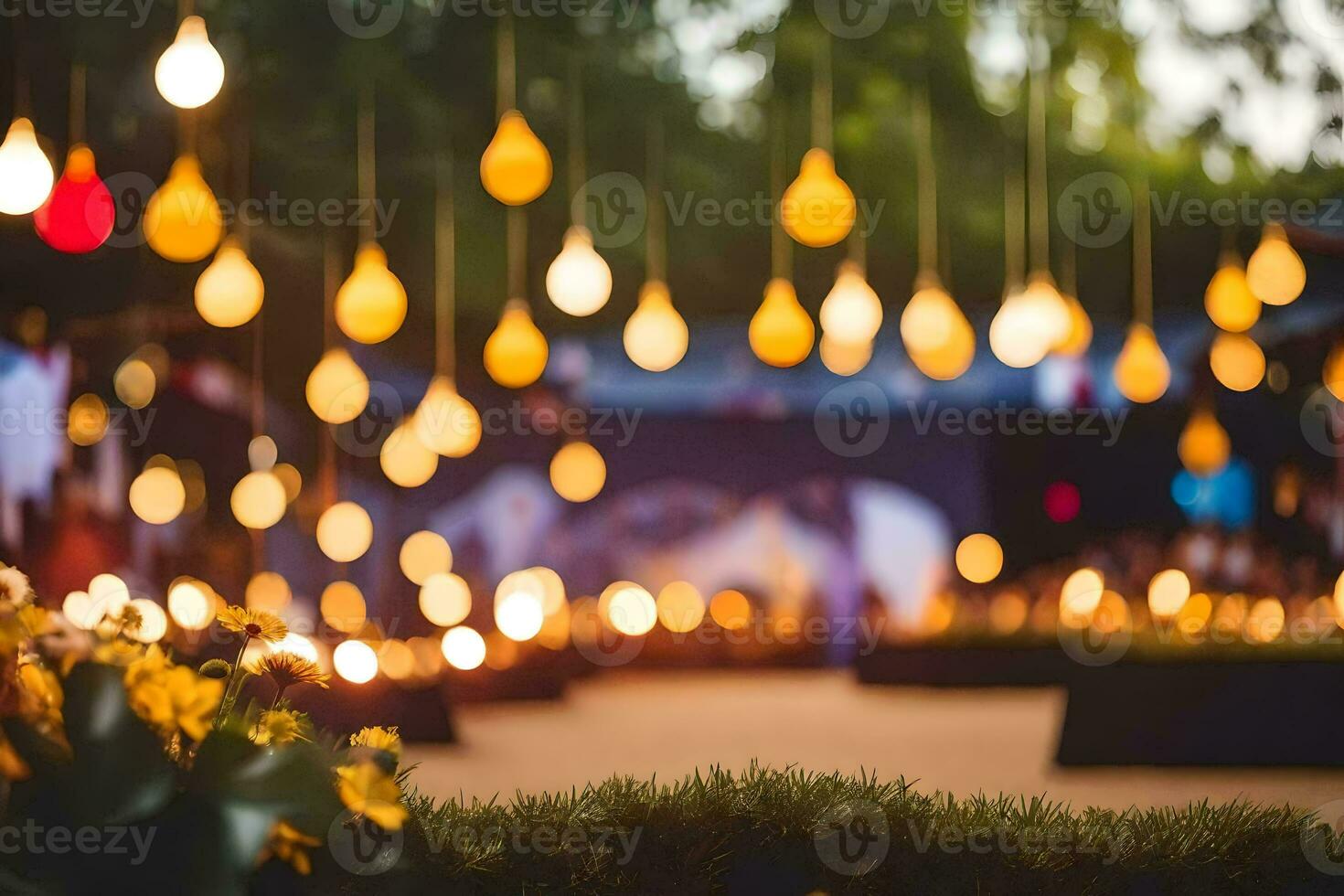 une groupe de lumières pendaison de le plafond. généré par ai photo