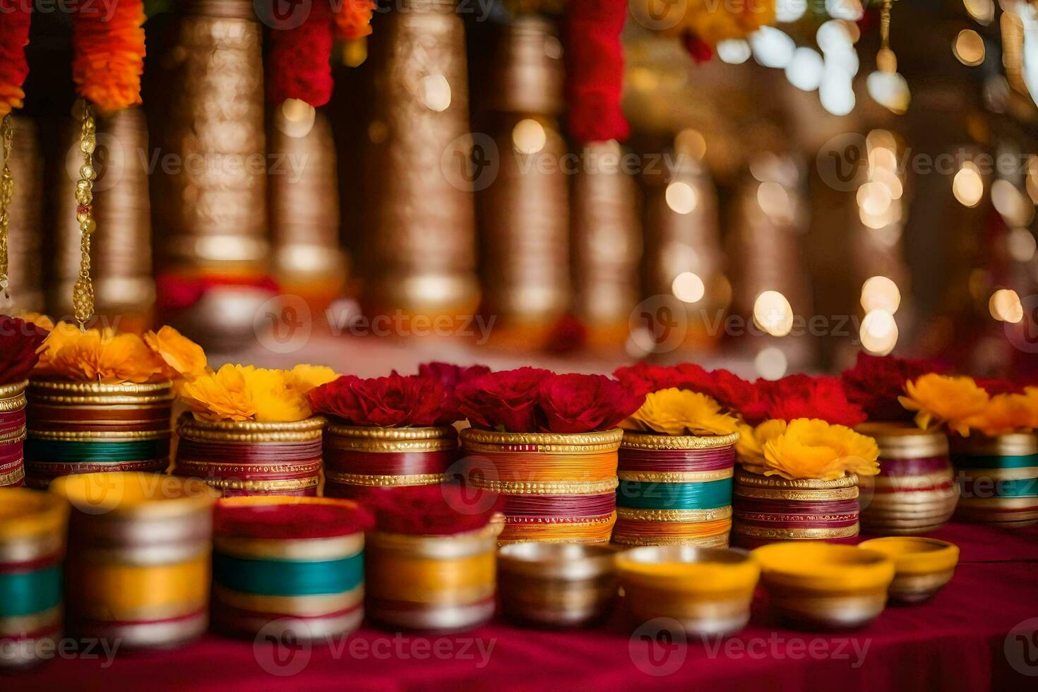 Indien mariage décor avec coloré fleurs. généré par ai photo