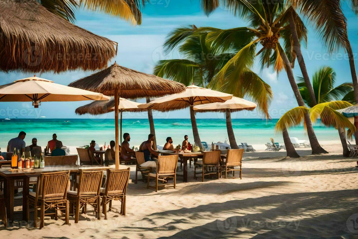 une plage avec les tables et parapluies sur le sable. généré par ai photo