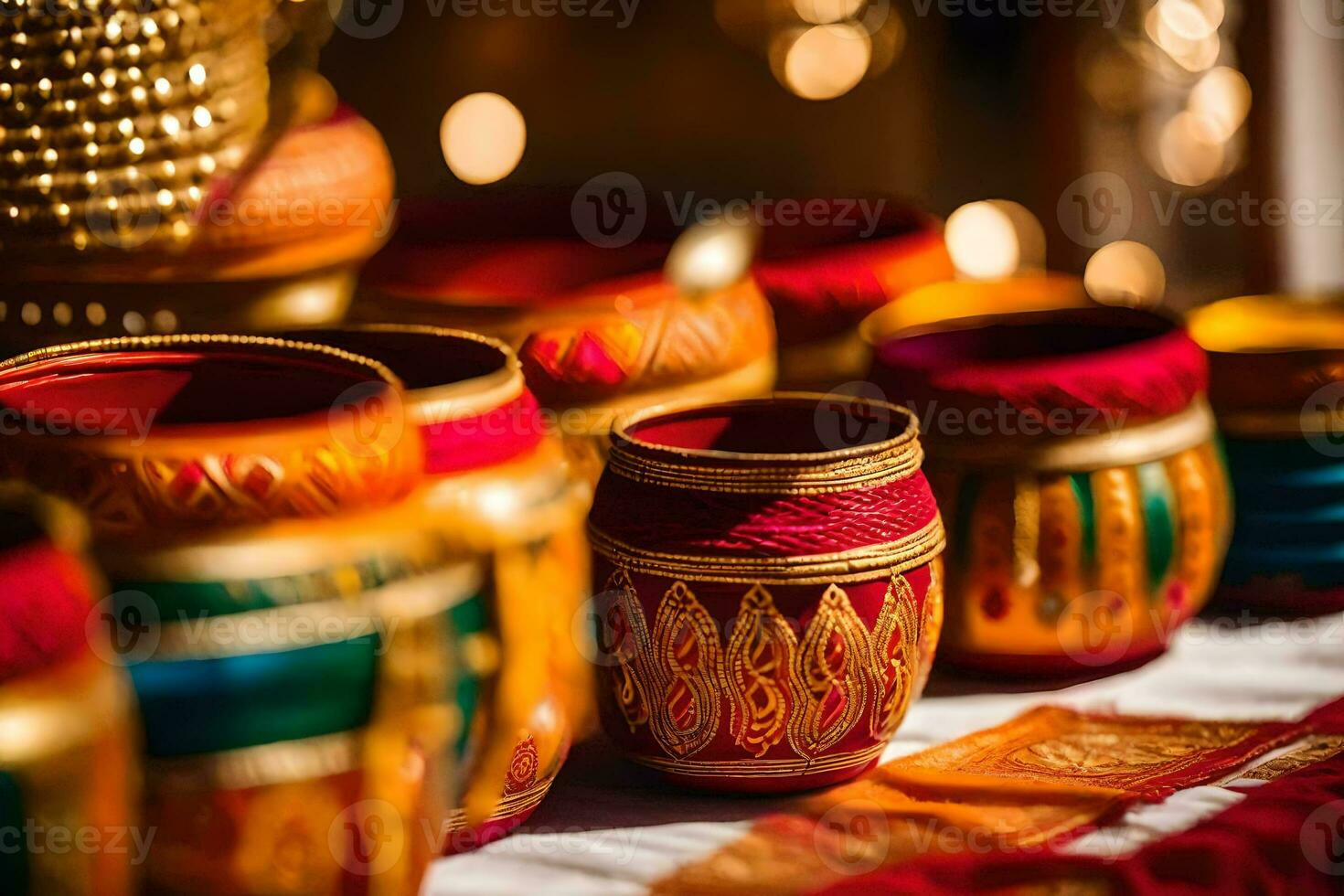 beaucoup coloré des pots sont arrangé sur une tableau. généré par ai photo