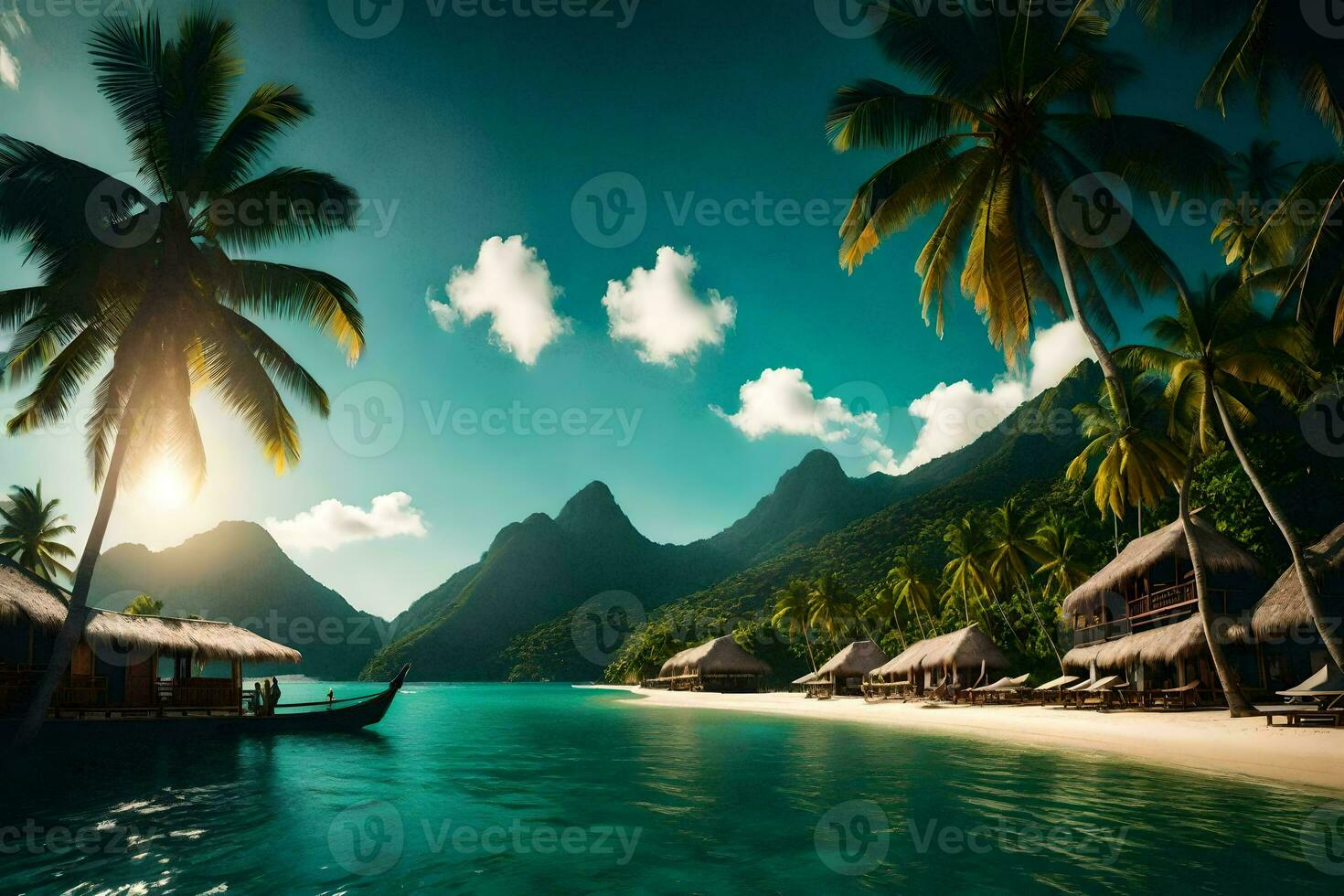une tropical île avec paume des arbres et une bateau. généré par ai photo