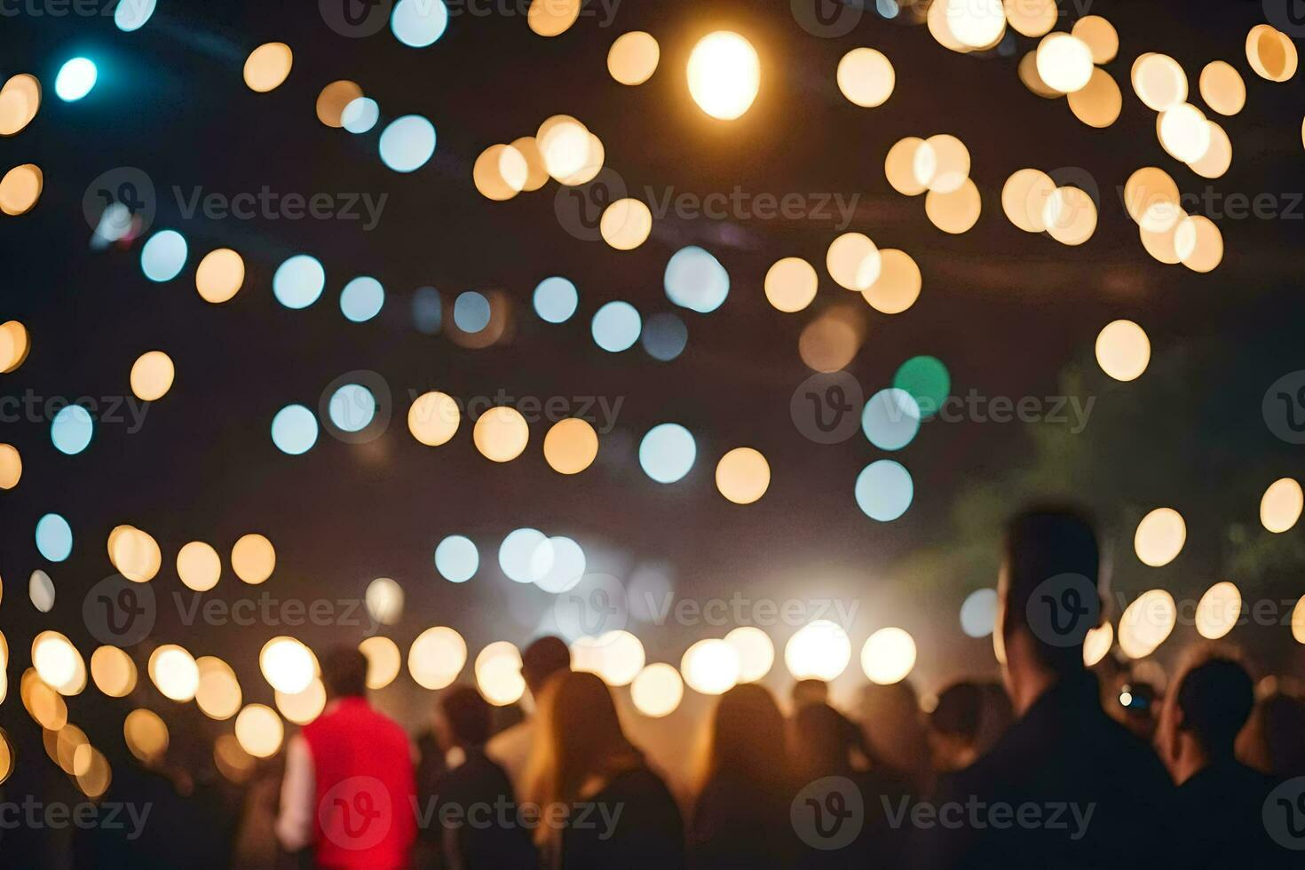 gens en marchant dans le foncé avec lumières autour eux. généré par ai photo