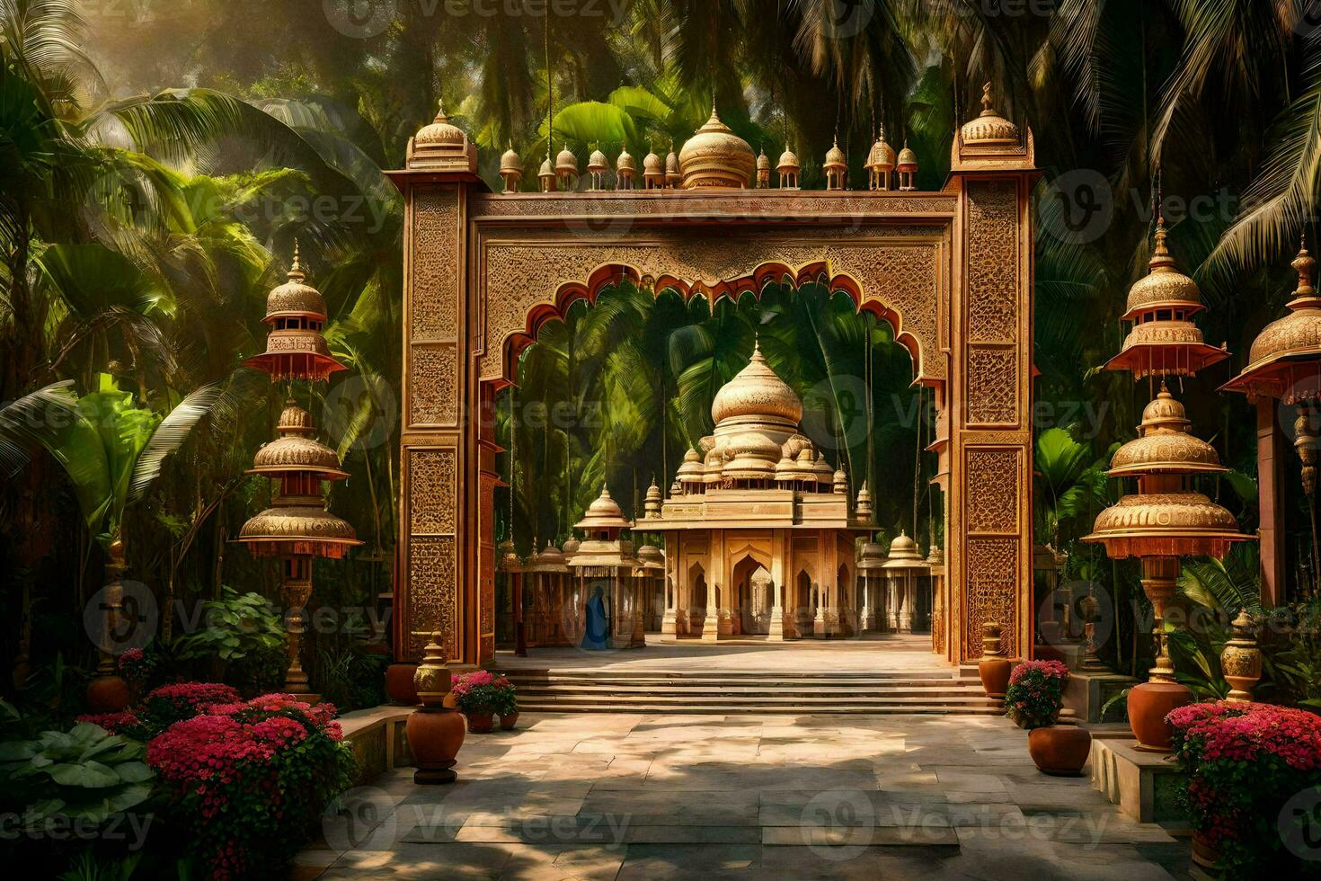 un fleuri entrée à une temple dans le milieu de une tropical jardin. généré par ai photo