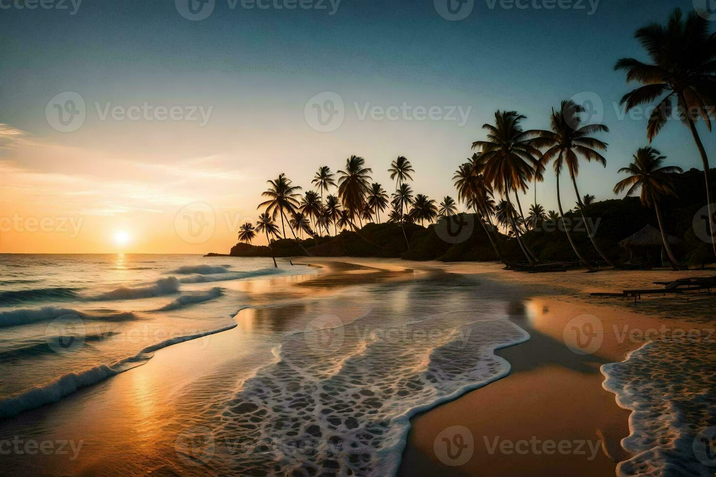 le Soleil ensembles sur le plage dans Caraïbes. généré par ai photo