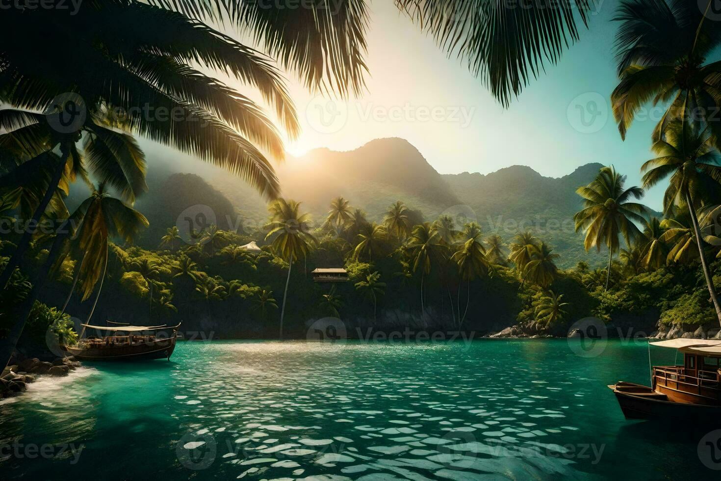 une tropical île avec paume des arbres et bateaux. généré par ai photo