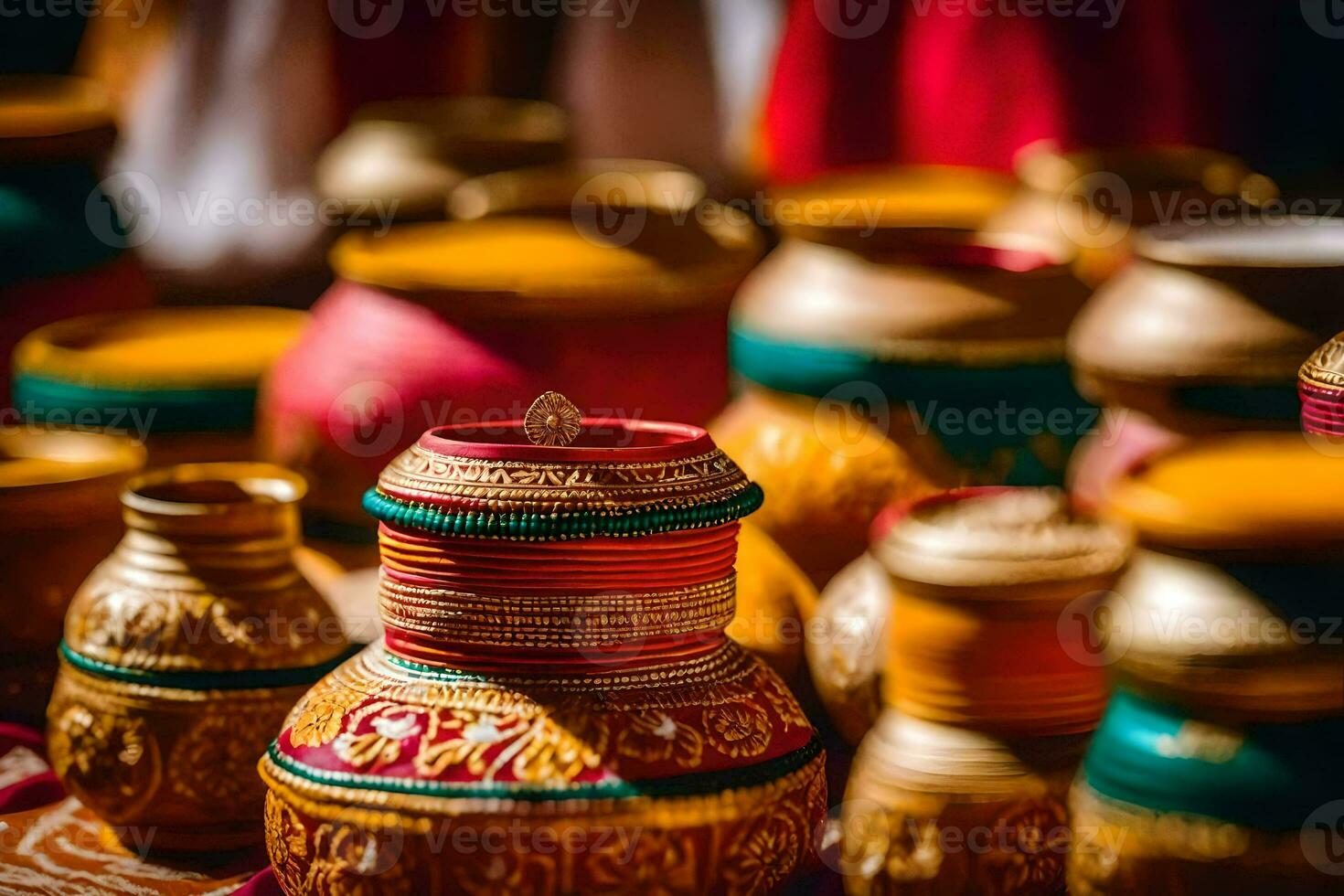 beaucoup coloré des pots et des vases sont sur afficher. généré par ai photo