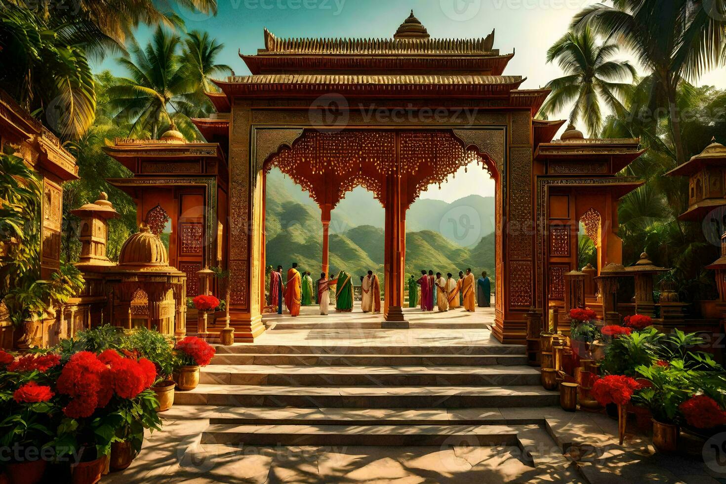 une magnifique temple dans le milieu de une tropical zone. généré par ai photo