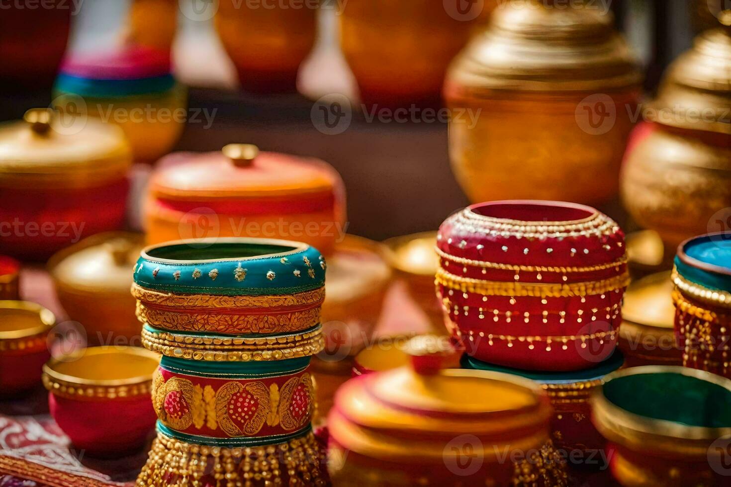 beaucoup coloré des pots et des vases sont sur afficher. généré par ai photo