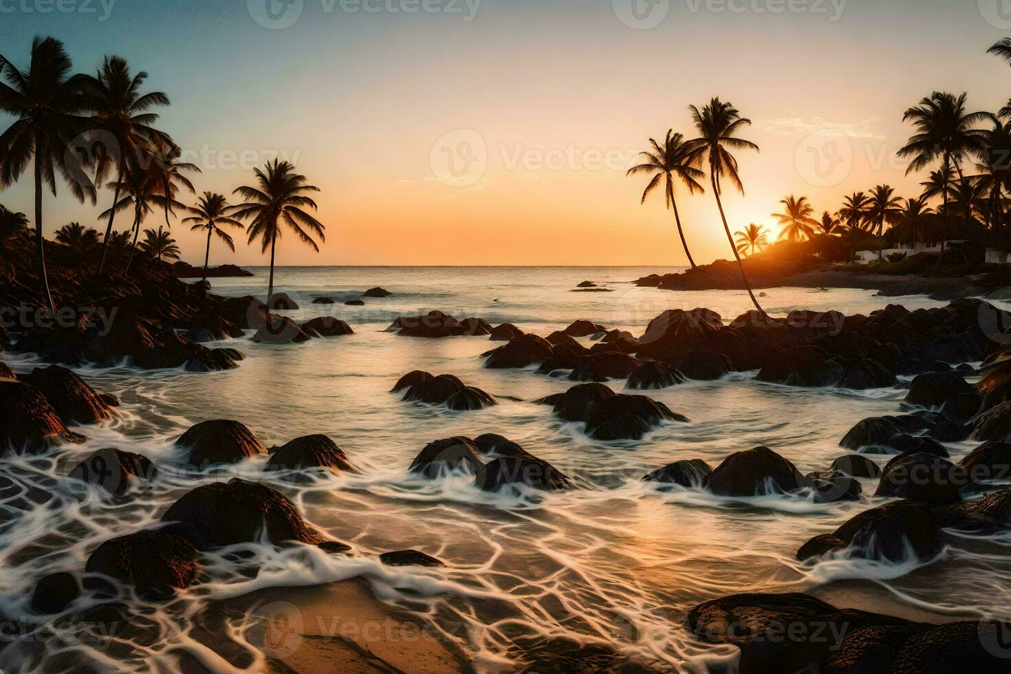 le plage à le coucher du soleil avec paume des arbres et rochers. généré par ai photo