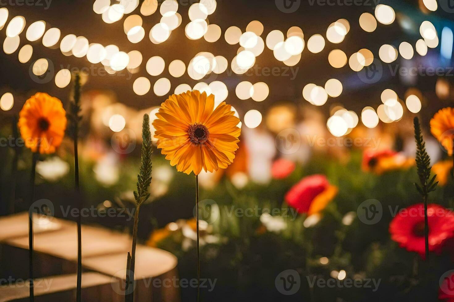 une fleur dans de face de une foule de gens à nuit. généré par ai photo