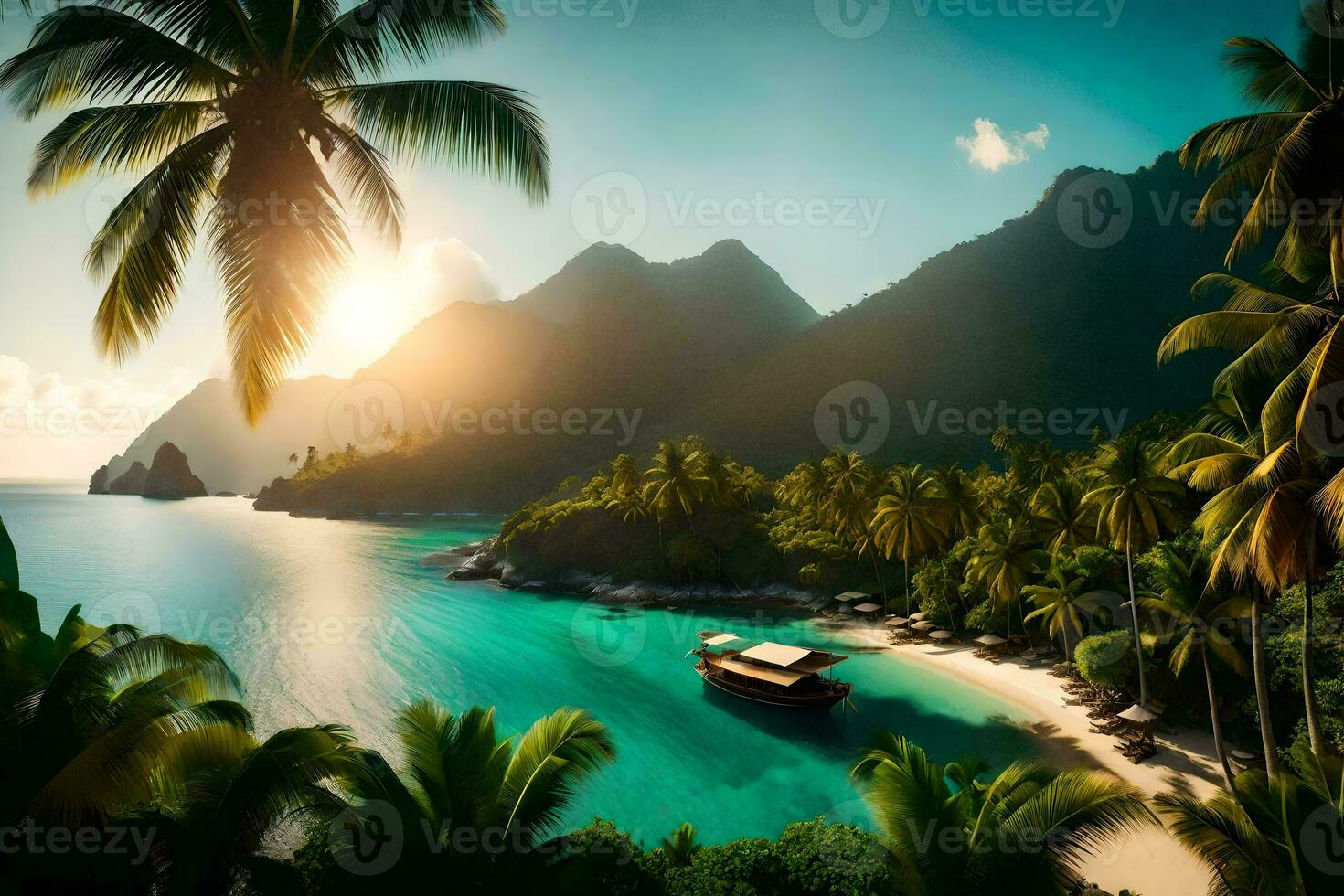 une tropical île avec paume des arbres et une bateau. généré par ai photo