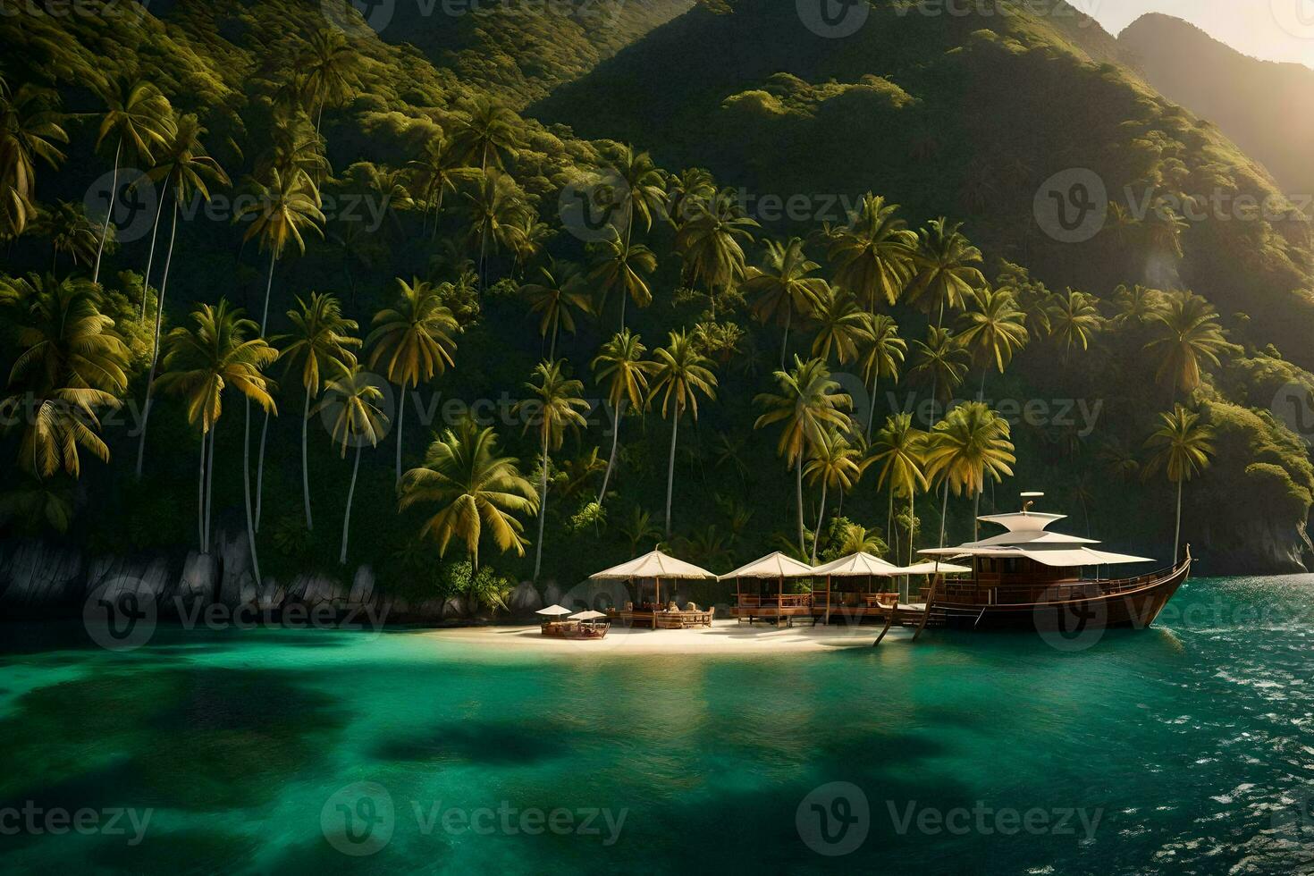 une bateau est assis sur le plage près paume des arbres. généré par ai photo