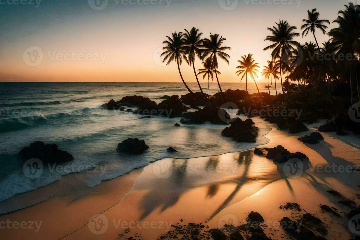 le Soleil ensembles plus de le océan et paume des arbres sur une plage. généré par ai photo