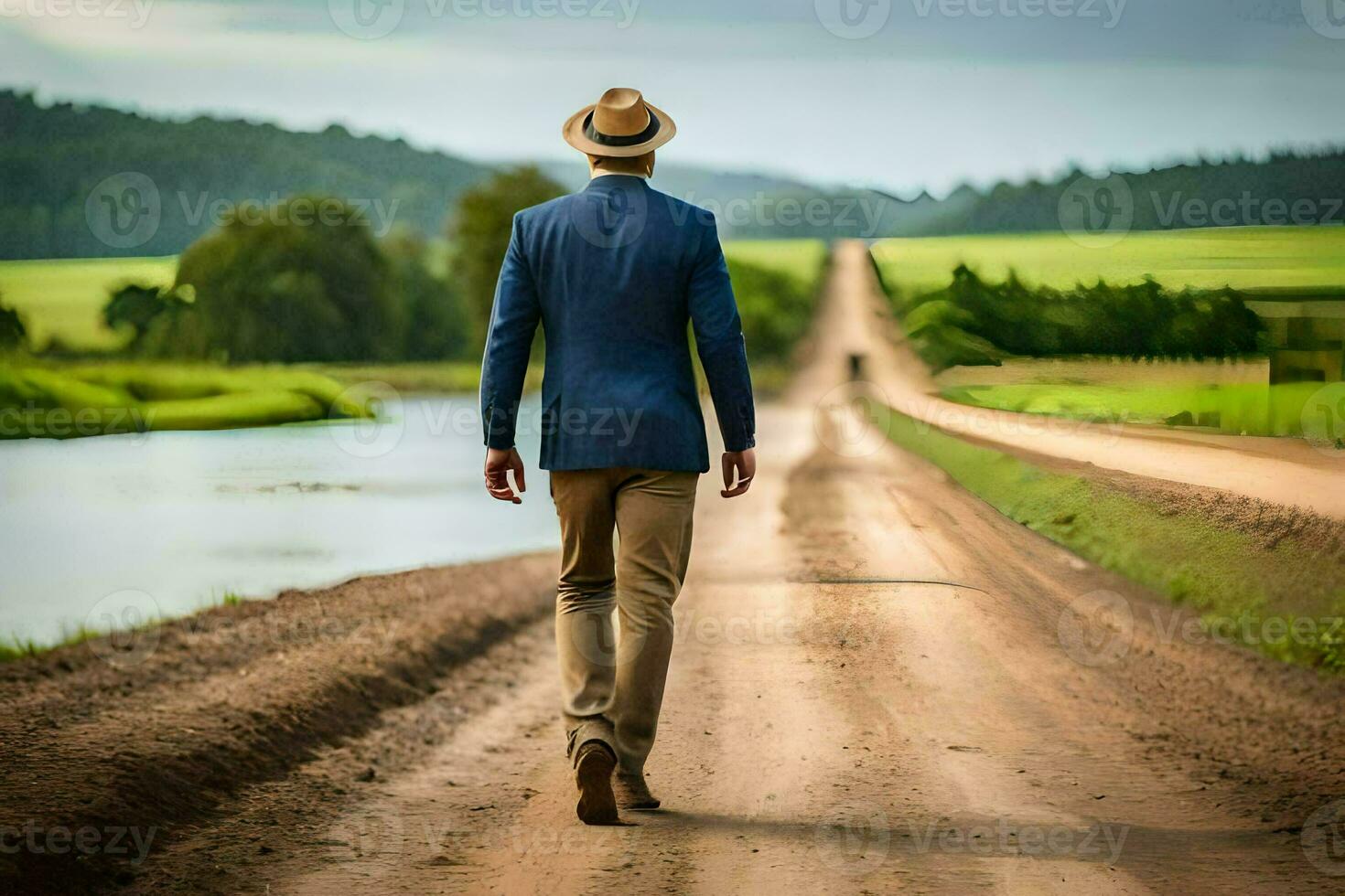 une homme dans une costume et chapeau des promenades vers le bas une saleté route. généré par ai photo