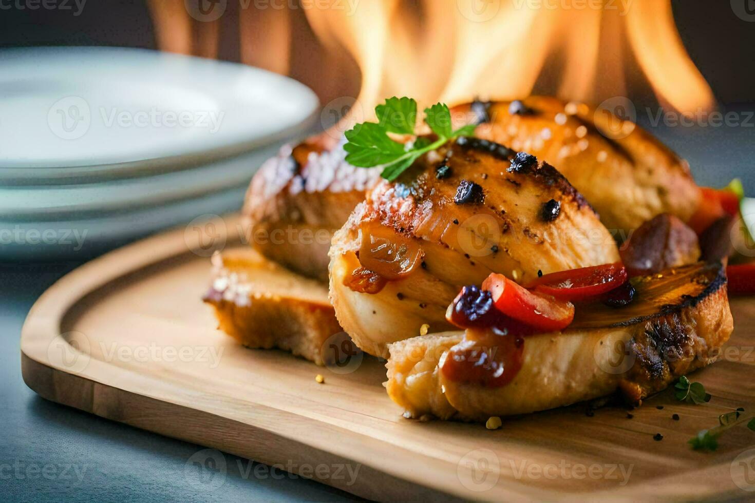 grillé poulet sur une en bois Coupe planche avec Feu dans le Contexte. généré par ai photo